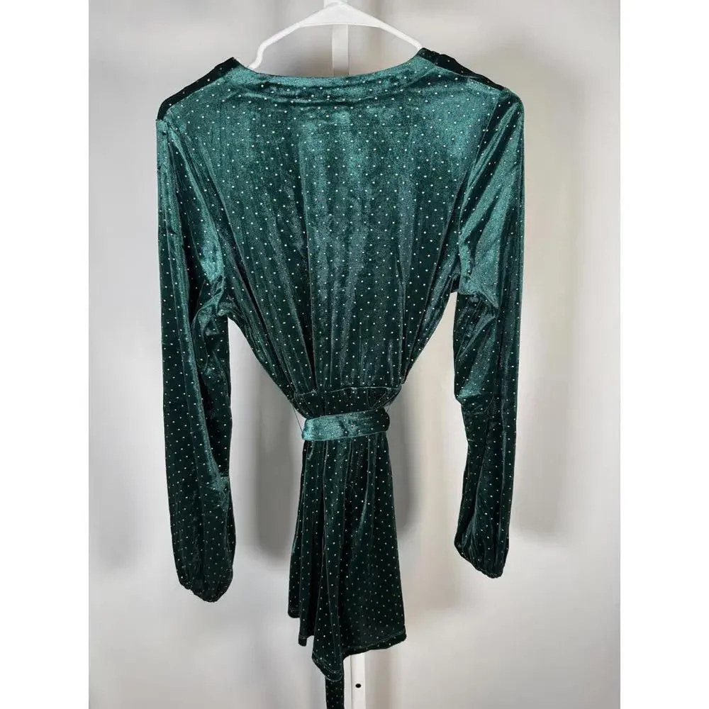Colleen Lopez Green Velvet Studded Belted Peplum Blouse Size Medium - Picture 3 of 6